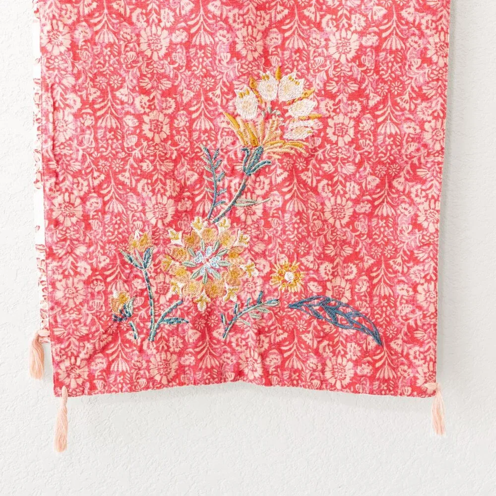 72x14 Reversible Cotton Table Runner Damask Floral Embroidered Tassels Cottageco